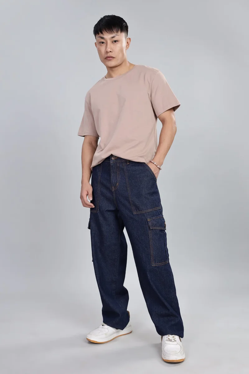 Inkd Sapphire Sphere Men's Cargo Carpenter Baggy Jeans – Mid-Rise | 100% Cotton | Contrast Stitch| 6 Pocket Styling | Baggy Jeans for Man | Cargo for Men for Men | Best Price UAE
